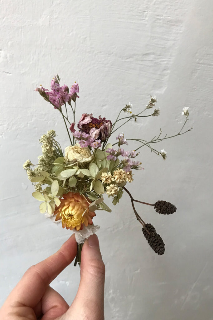 winter wedding bouquet with dried organic flowers