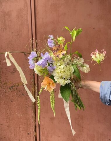 Early summer wedding bouquet by Wilder with hydrangea, lathyrus and paper flowers, May 22