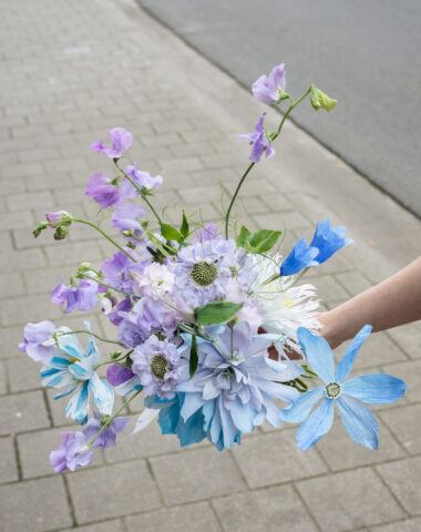 Bespoke wedding bouquet in blue and lilac for Laura