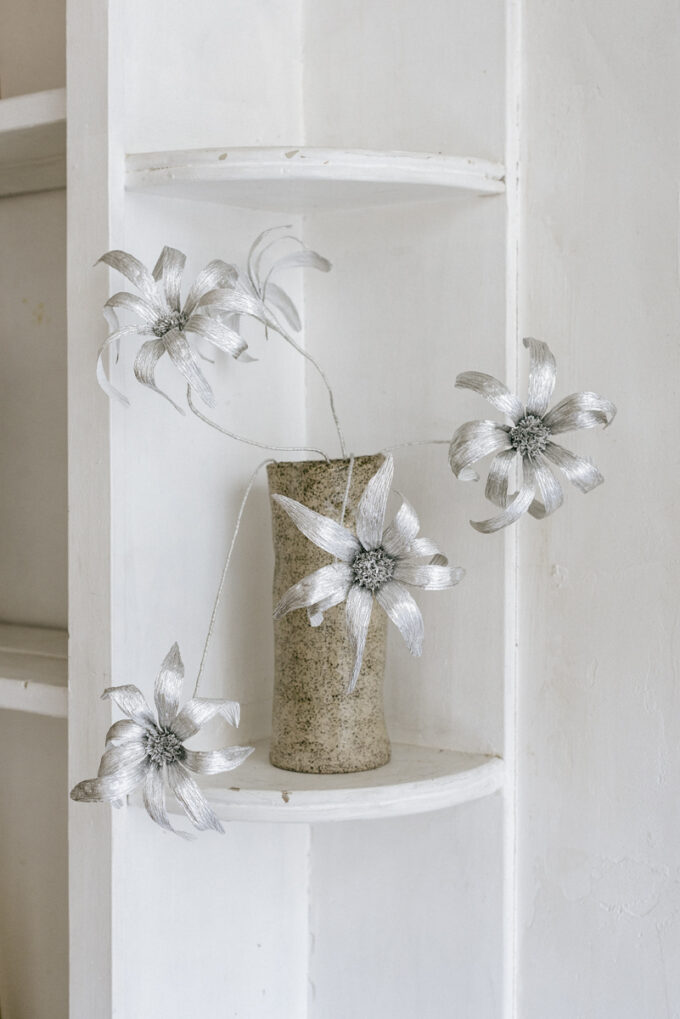 Silver paper flowers handmade by Wilder Antwerp