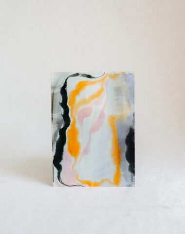 Wilder postcard with abstract watercolour in orange, pink, black and blue